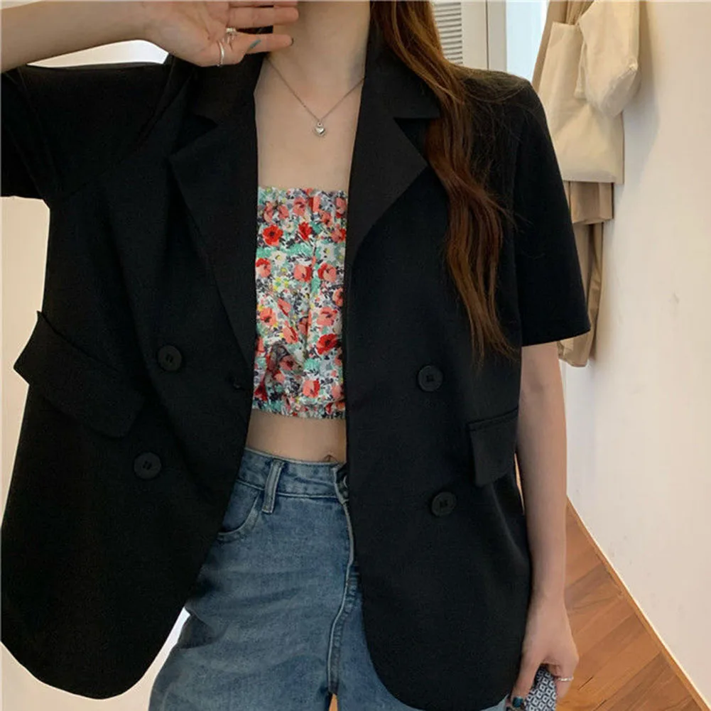 Fashionable Simple Street Casual Blazers Women Loose Jacket Lapel Short Sleeve Single Breasted Turndown Collar