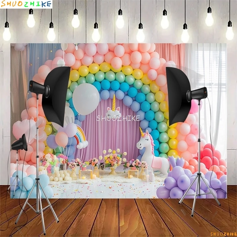 Фоны для фотосъемки с изображением радуги арки воздушных шаров единорогов реквизита для новорожденных детей украшение для дня рождения