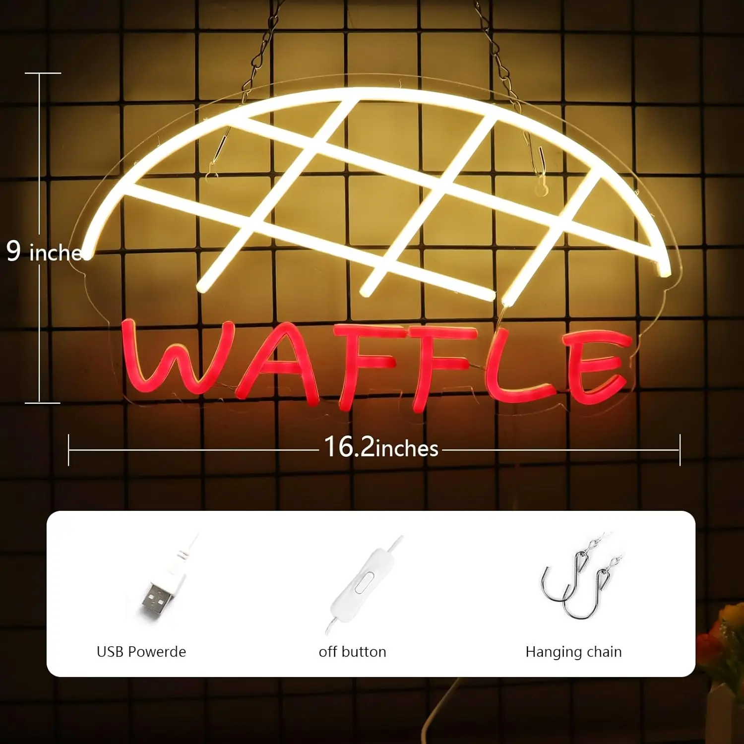 Waffle Neon Sign USB Powered LED Neon Light for Bedroom Cake Shop Bakery Supermarkets Restaurant Stores Cookie House Wall Decor