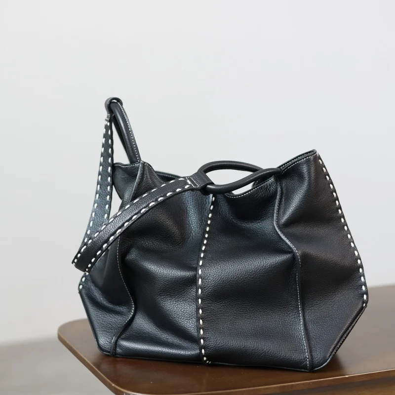 

Genuine Leather Luxury Tote For Women Soft Real Cowhide Shoulder Bag Large Capacity Handbag Semi-handmade Stitching