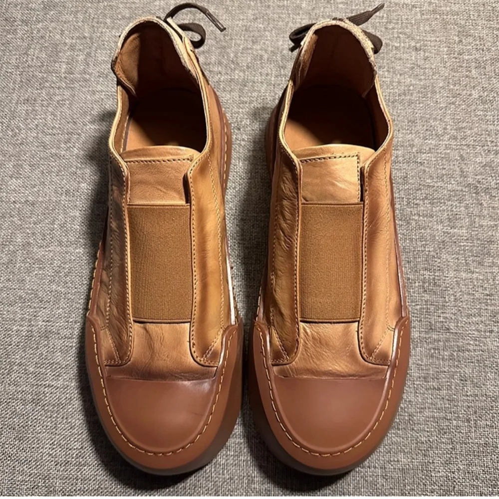 

QHCCID White Cowhide Leather Loafers Casual Shoes Heel Lace-Up Design Comfortable Thick-Soled Elevated Shoes for Man