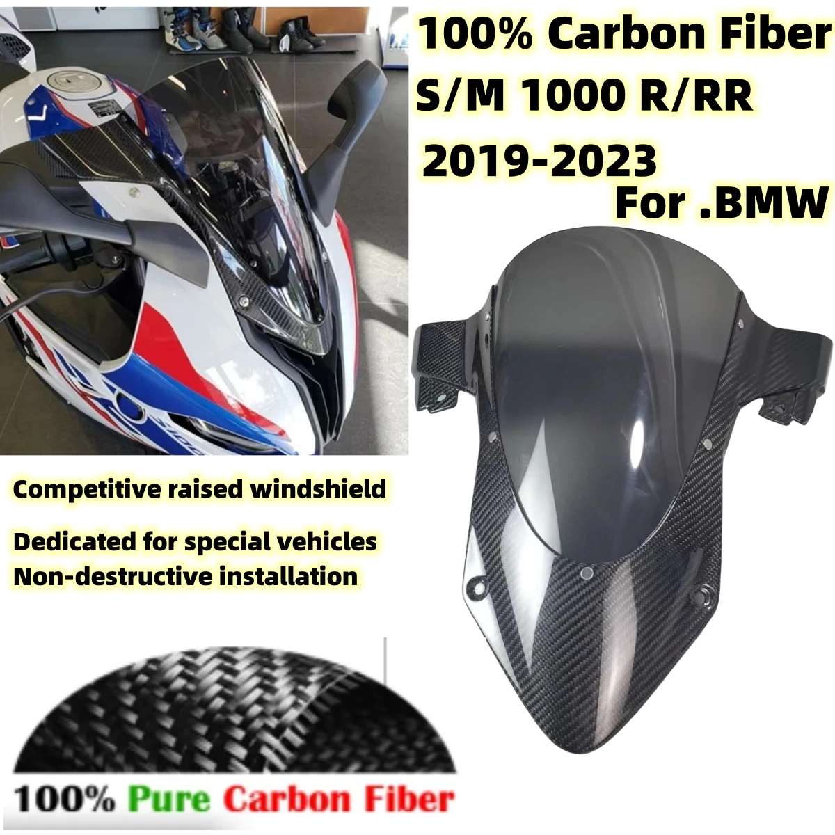 

100% Real Carbon Fiber Windshield WindScreen For BMW S1000RR S 1000R M1000RR 2019-2023