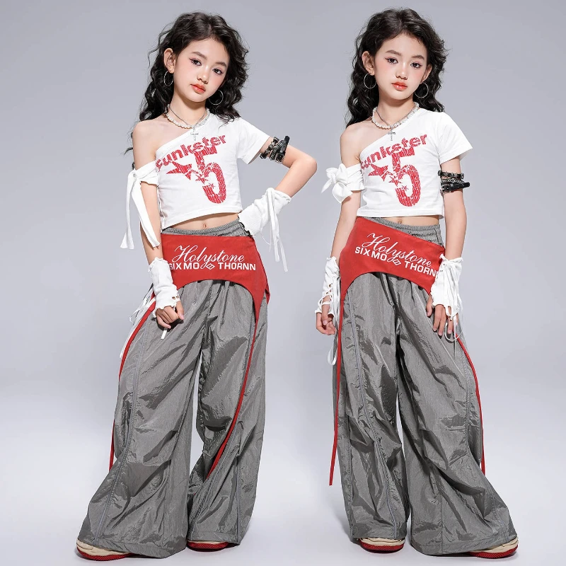 Girls Hip Hop Clothing Jazz Costume White Crop Tops Baggy Pants Set Group Kpop Music Festival Stage Performance Suit Rave Wear