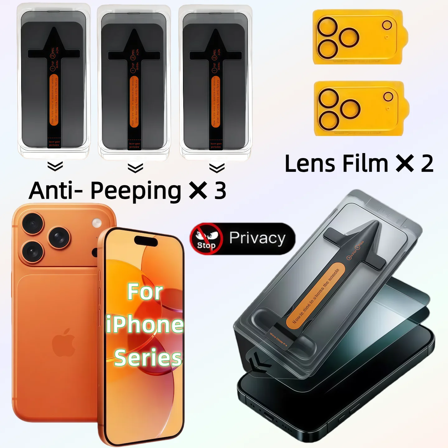 

3PCS Screen Privacy Tempered Glass Protector for iPhone Air/17ProMax/16Plus/15/14/13/12/11 Series + 2PCS Rear Camera Lens Protec