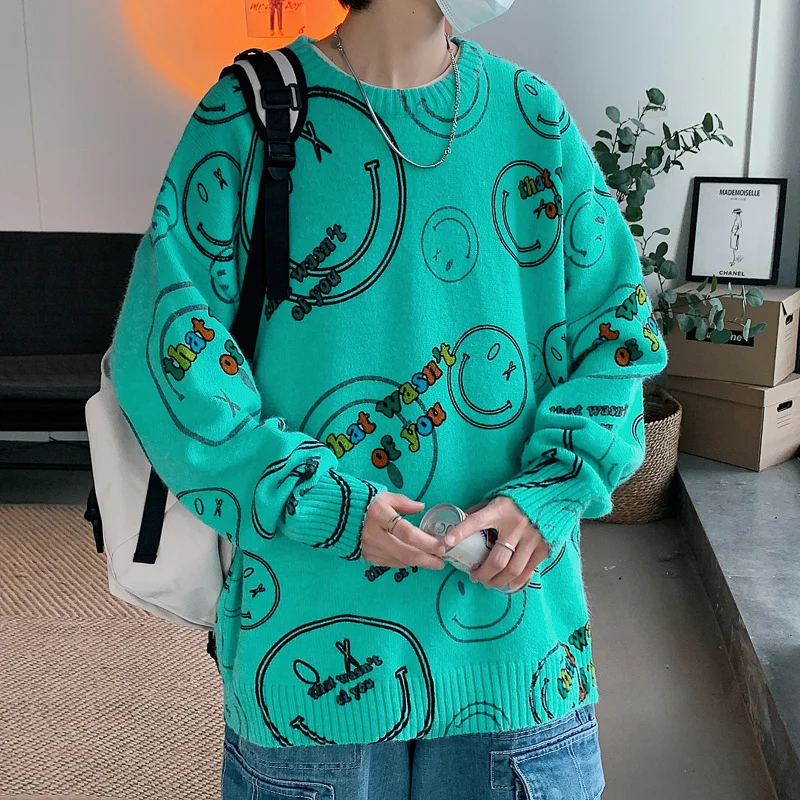 

Autumn Korean Cartoon Graffiti Round Neck Sweater Men's Fashion Loose Lazy Style Sweater High Feeling Top