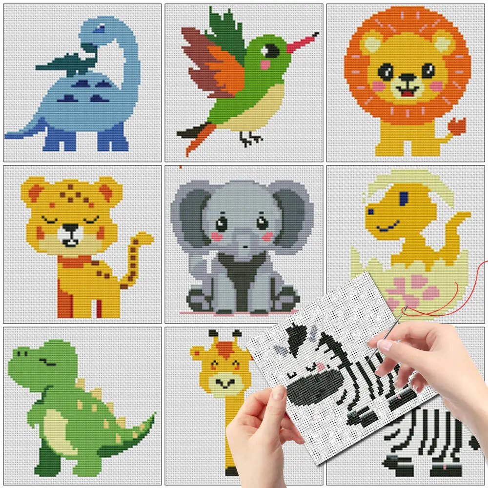 Evershine Mini-Kreuzstich-Set, Löwe, Tier, Dinosaurier, Cartoon, Handarbeit, Tiger, Vogel, 12 Stück, Stickerei, Giraffe, Cartoon, Heimdekoration