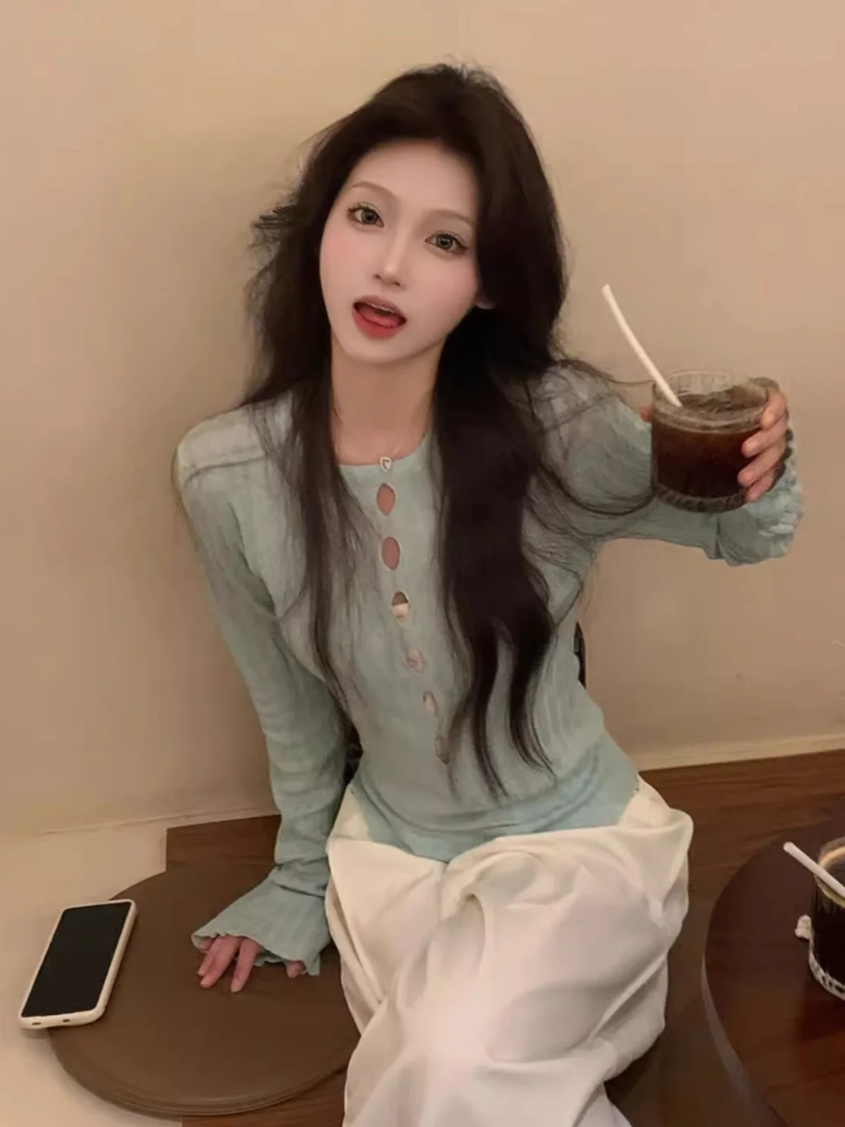 Early Autumn Hollow out Knitted Top Women's Spicy Girl Pure Desire Long Sleeve Base Shirt Commute Style Korean Version Slim Fit