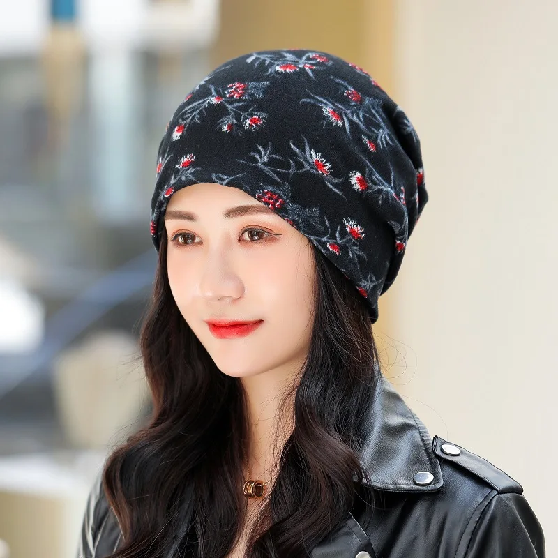 Vintage Women Beanies Caps Women's Spring and Summer Thin Pullover Cap Breathable Turban Cap Flowers Print Ear Warm Bonnet