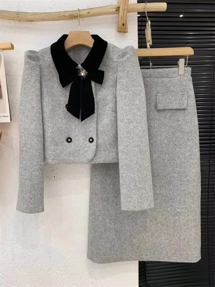 Insozkdg Elegant Skirt Suits Women Suit Jacket 2024 Autumn and Winter High Temperament Wool Coat Top Long + Skirt Two-piece Set