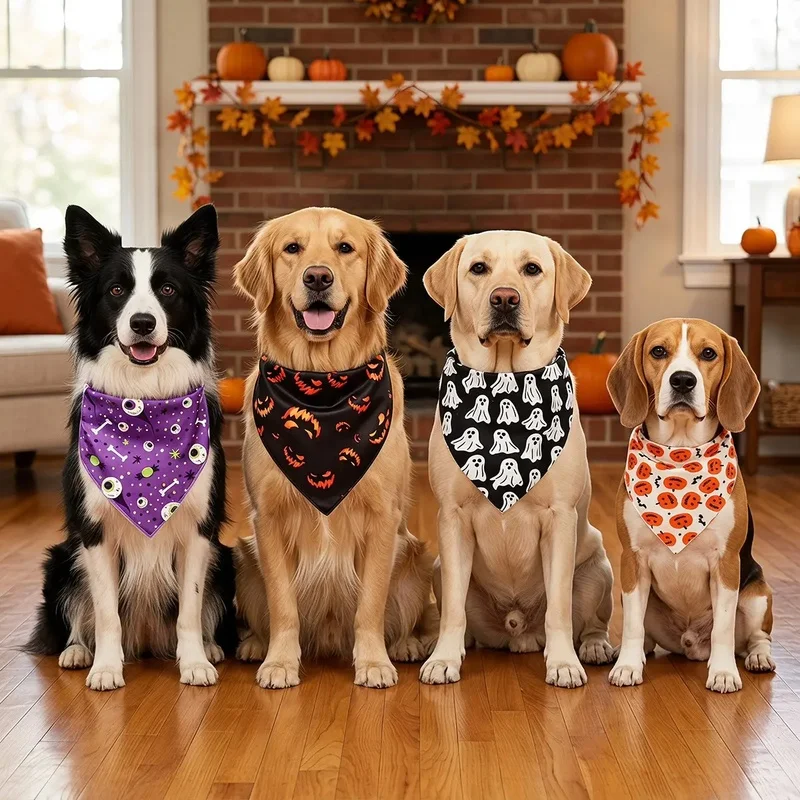 4 Pack Halloween Dog Bandanas, Pet Triangle Bib Scarf Accessories Autumn Fall Holiday Costume with Pumpkin Ghost Eyeball Pattern