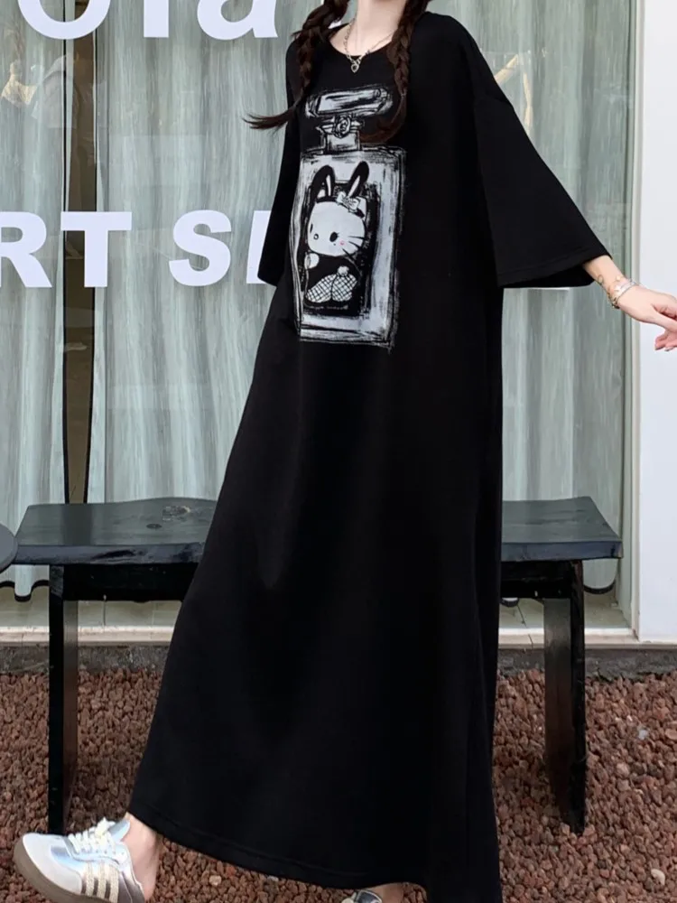 プラスサイズのマタニティドレスロング半袖 Tシャツドレス韓国スタイルルーズカジュアルレディースドレスミッドレングス夏のファッション