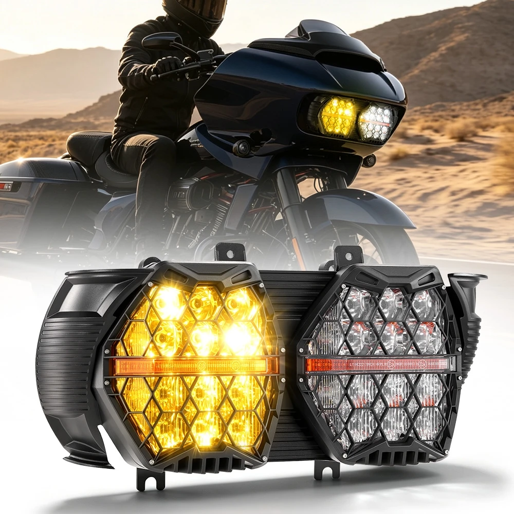 AUXBEAM HONEYCOMB Motorcycle LED DUAL Headlight with High Low Beam & Amber DRL for Harley Touring Road Glide 2015-2023