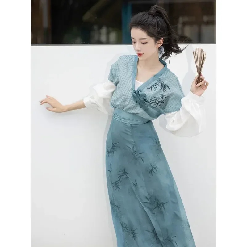 2024 autunno elegante bambù blu stampato maniche lunghe abiti Hanfu 3 pezzi vestiti Casual moderni migliorati da donna Vestidos Chinos