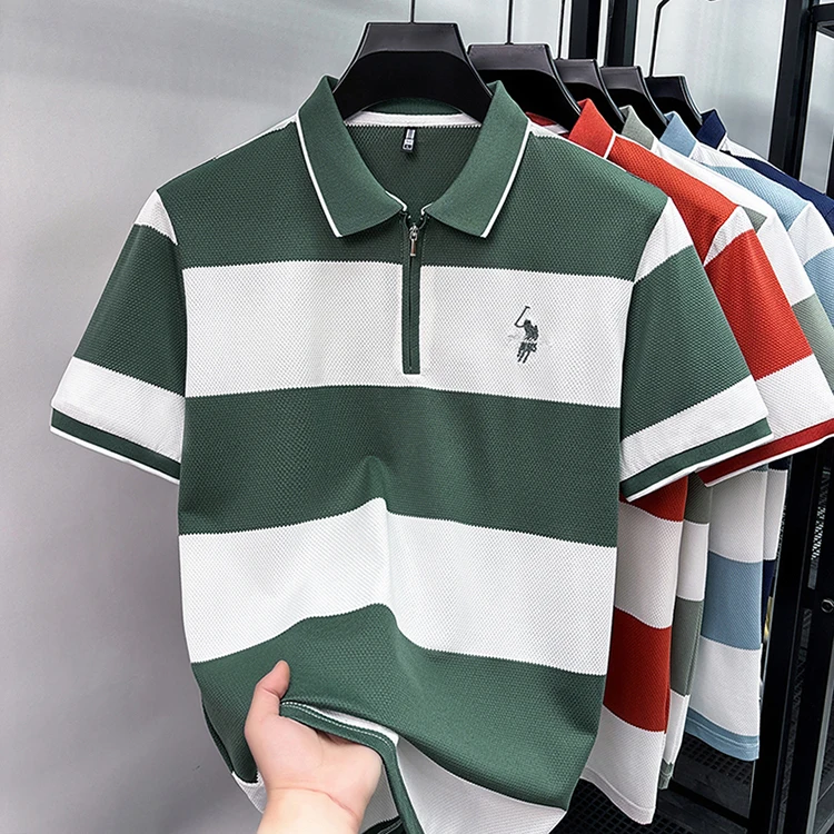 Modisches gestreiftes, farblich abgesetztes Kurzarm-Poloshirt für Herren High-End-Marke Pony-Stickerei Sommer, Golf, Freizeit, neues T-Shirt mit halbem Reißverschluss – Detail 13