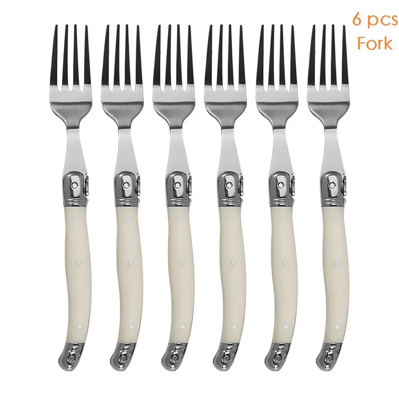 

6Pcs Laguiole White Silverware Steak Knives Forks Spoons Set Mirror Polish Collection Stainless Steel Xmas Cutlery Set Teaspoon