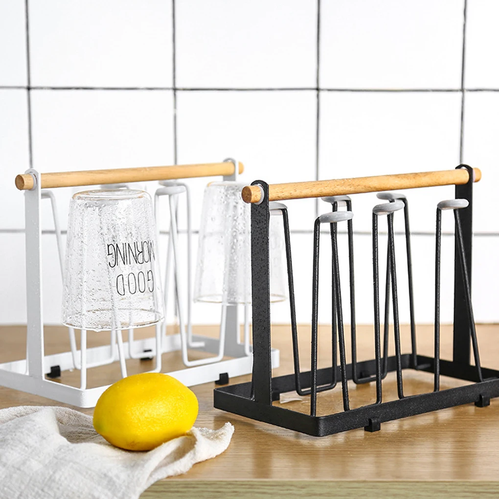 Cup Drainer Wooden Handle Bottle Storage Rack Wine Glass Organizer Brown