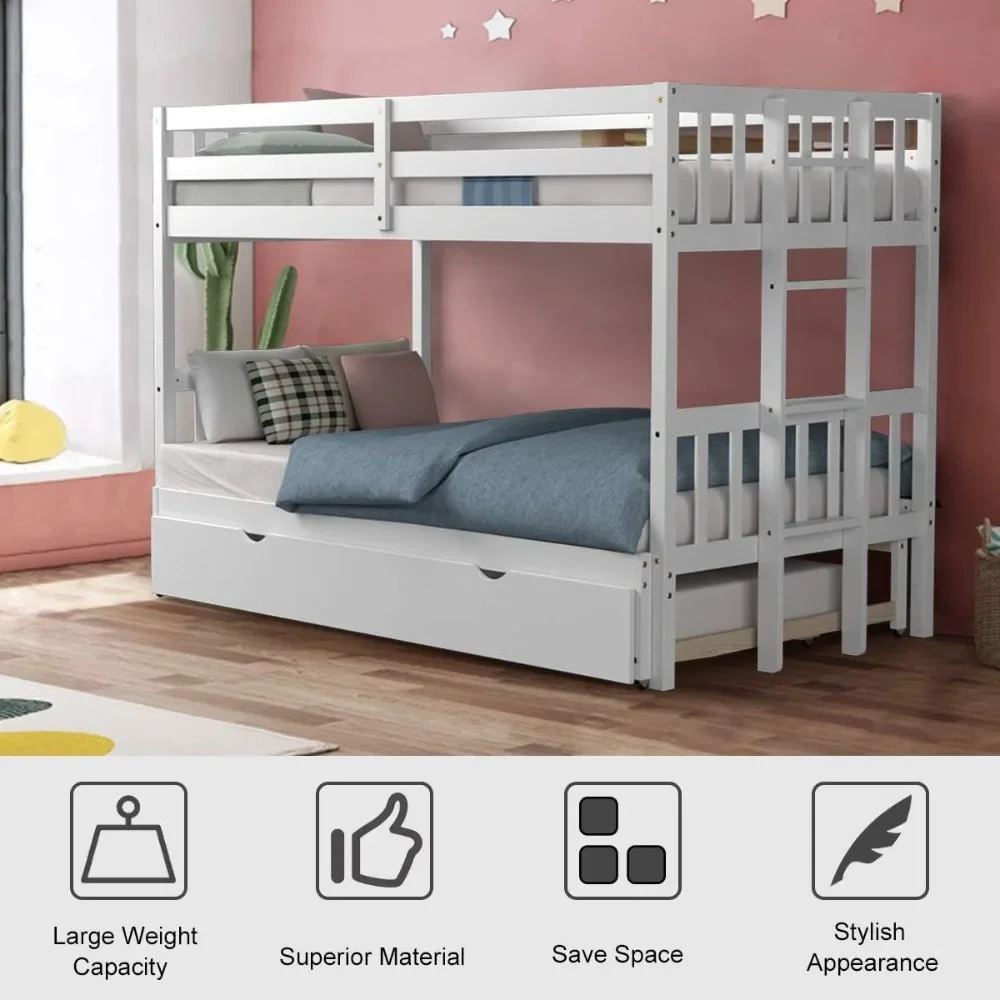 Twin Over Pull-Out Bunk Bed with Trundle, Extendable, Solid Wood Bed with Ladder & Safety Rail, for Kids Adults Teens, Bunk Beds