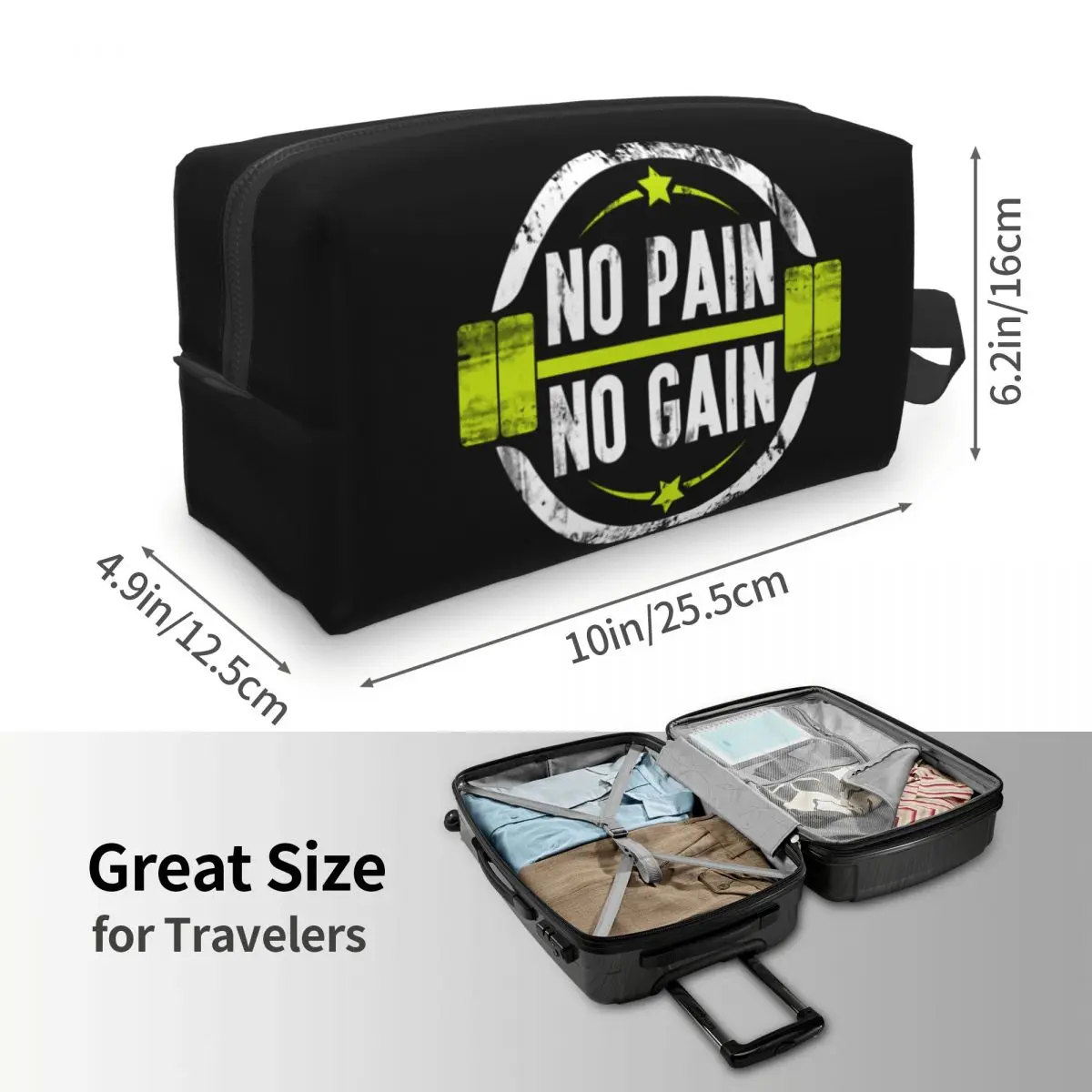 Custom No Pain No Gain Toiletry Bag Women Bodybuilding Fitness Gym Makeup Cosmetic Organizer Lady Beauty Storage Dopp Kit Case