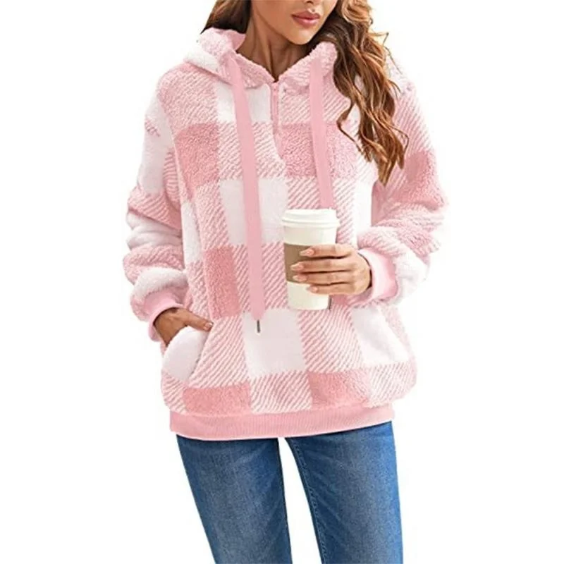 Women's Fashion Checkered Round Neck Pullover Casual Long sleeved Plush Hoodie Artificial Wool Pullover with Pocket Hoodie