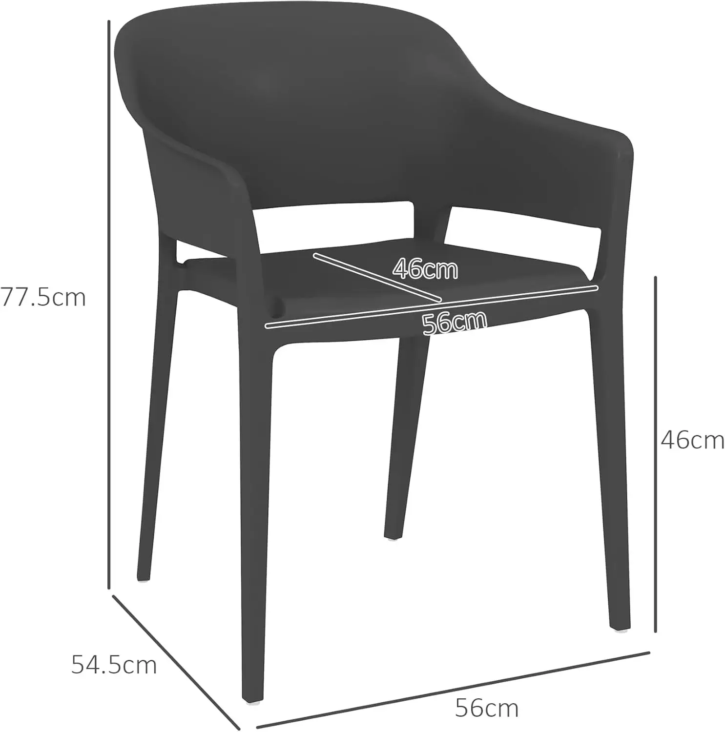 Set di 4 Sedie da Giardino in Plastica, Sedie Impilabili con Braccioli e Schienale Alto in PP, Nero