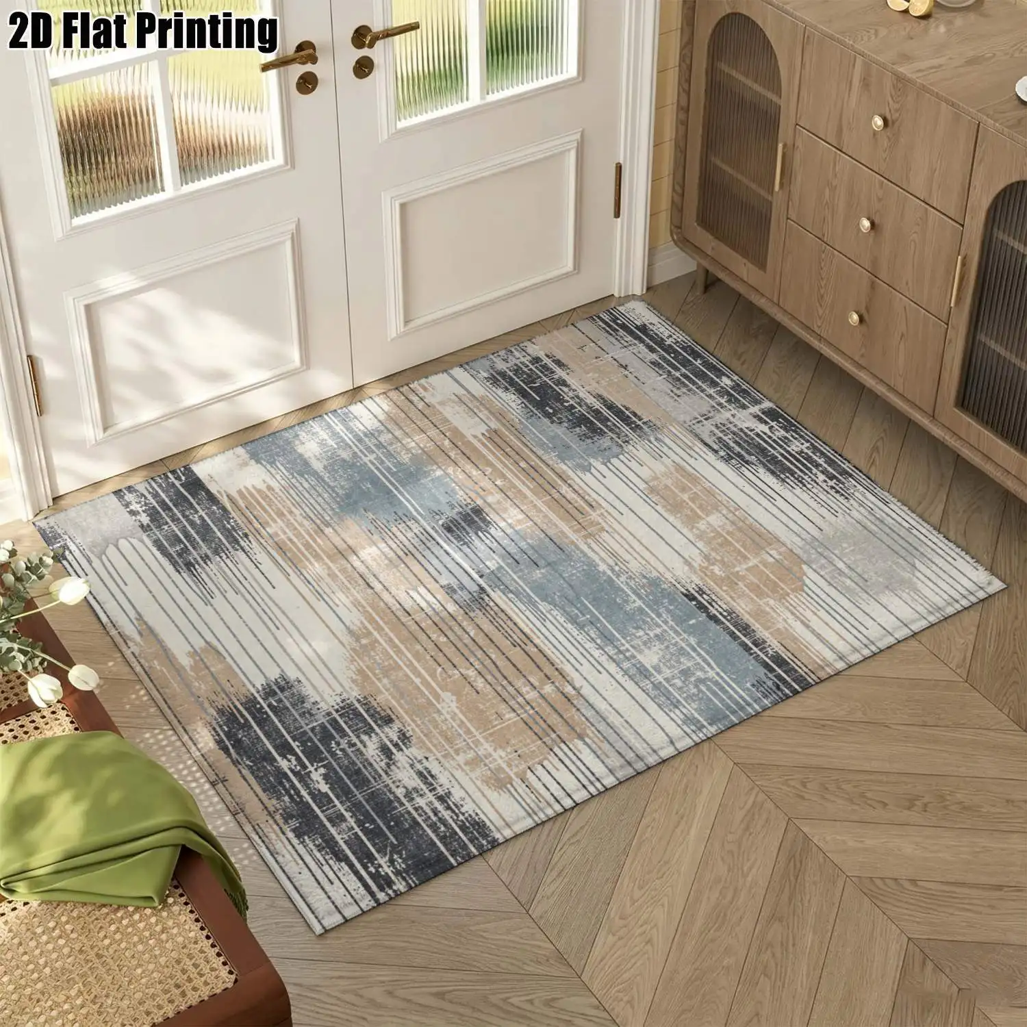1Pc 2D Printed Carpets: Grey-Brown-Blue Abstract Art, Nordic/Instagram-Inspired, Modern Minimalist/Vintage Geometric Striped Floor Mats for Home Decor, Multi-Size, Machine Washable, Suitable for Entrance/Dining Room/Foyer/Living Room/Bedroom