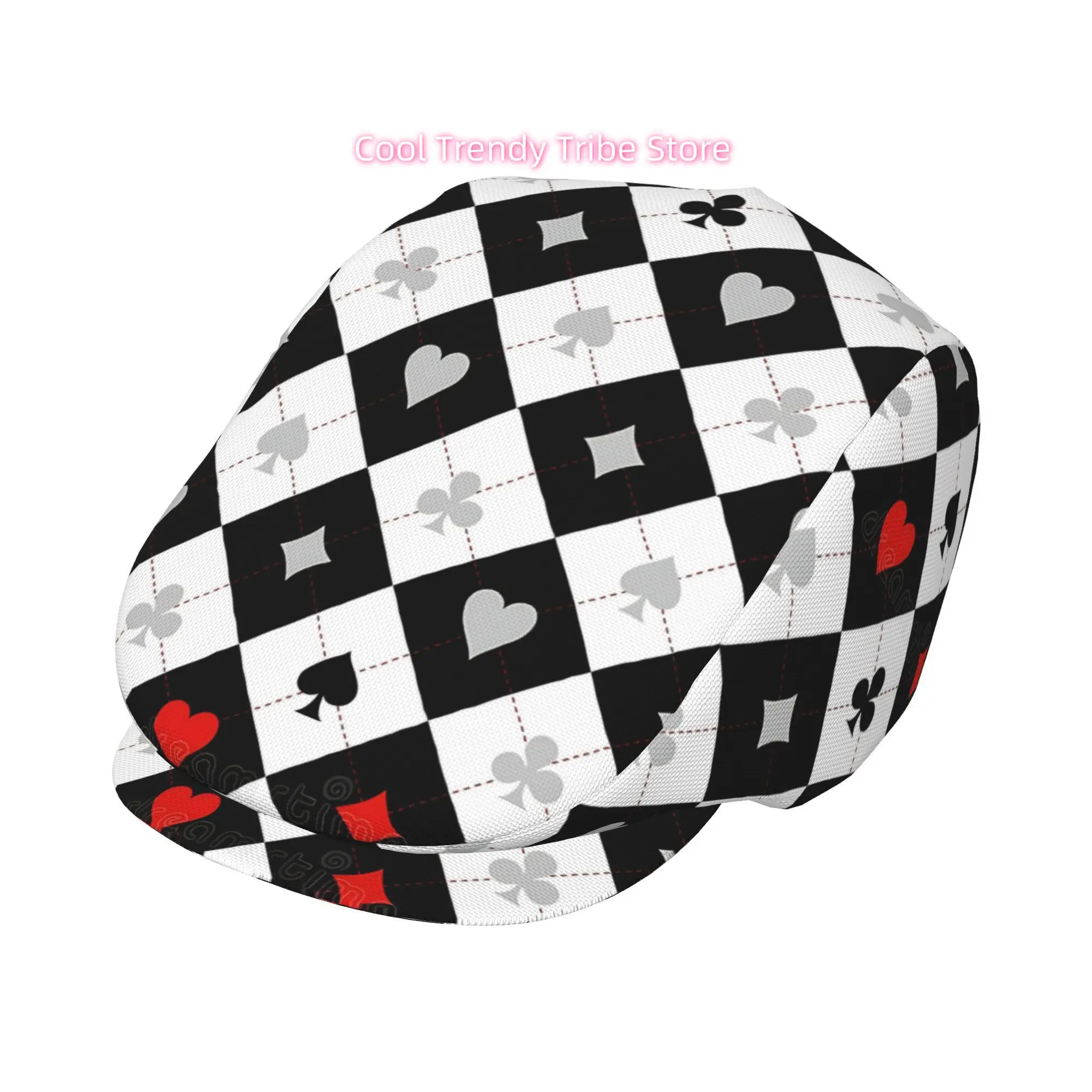 A Single Piece of Beret Featuring a Black And White Checkerboard Design Inspired by Poker Suits, This Unisex Newsboy Cap Is an E