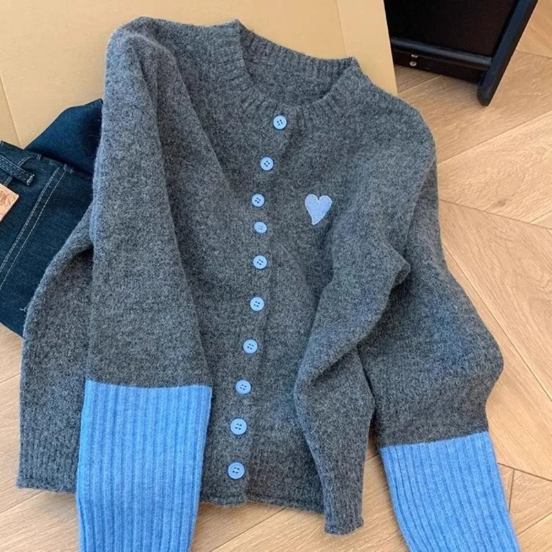 Premium Sense Good-looking Contrasting Color Knitted Warm Cardigan Jacket Women Autumn Winter Top Soft Waxy Unique Gray Sweater