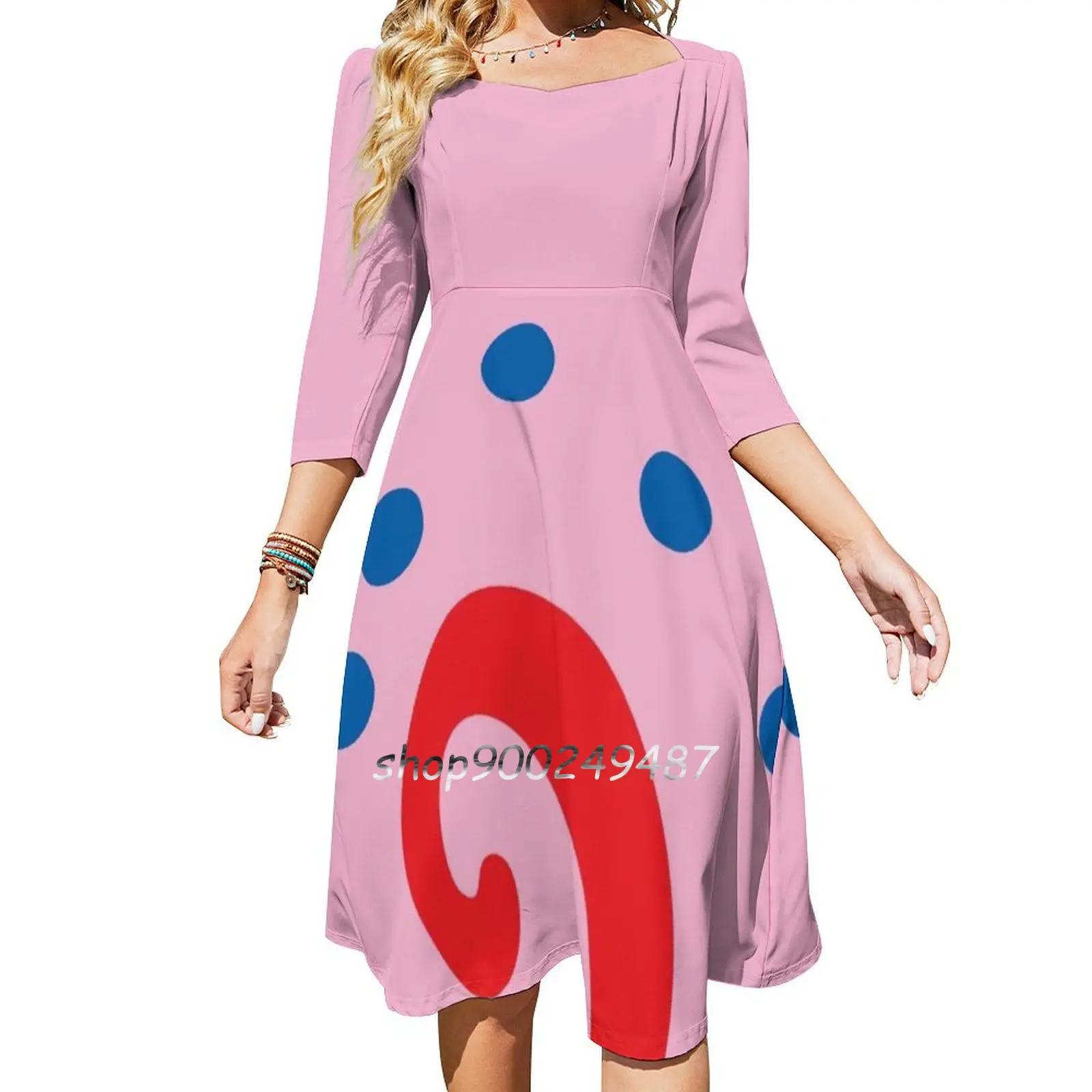 Gary The Snail Square Neck Dress Cute Loose Print Dresses Elegant Beach Party Dress Gary Snail Squidward Patrick Krabs Cartoon