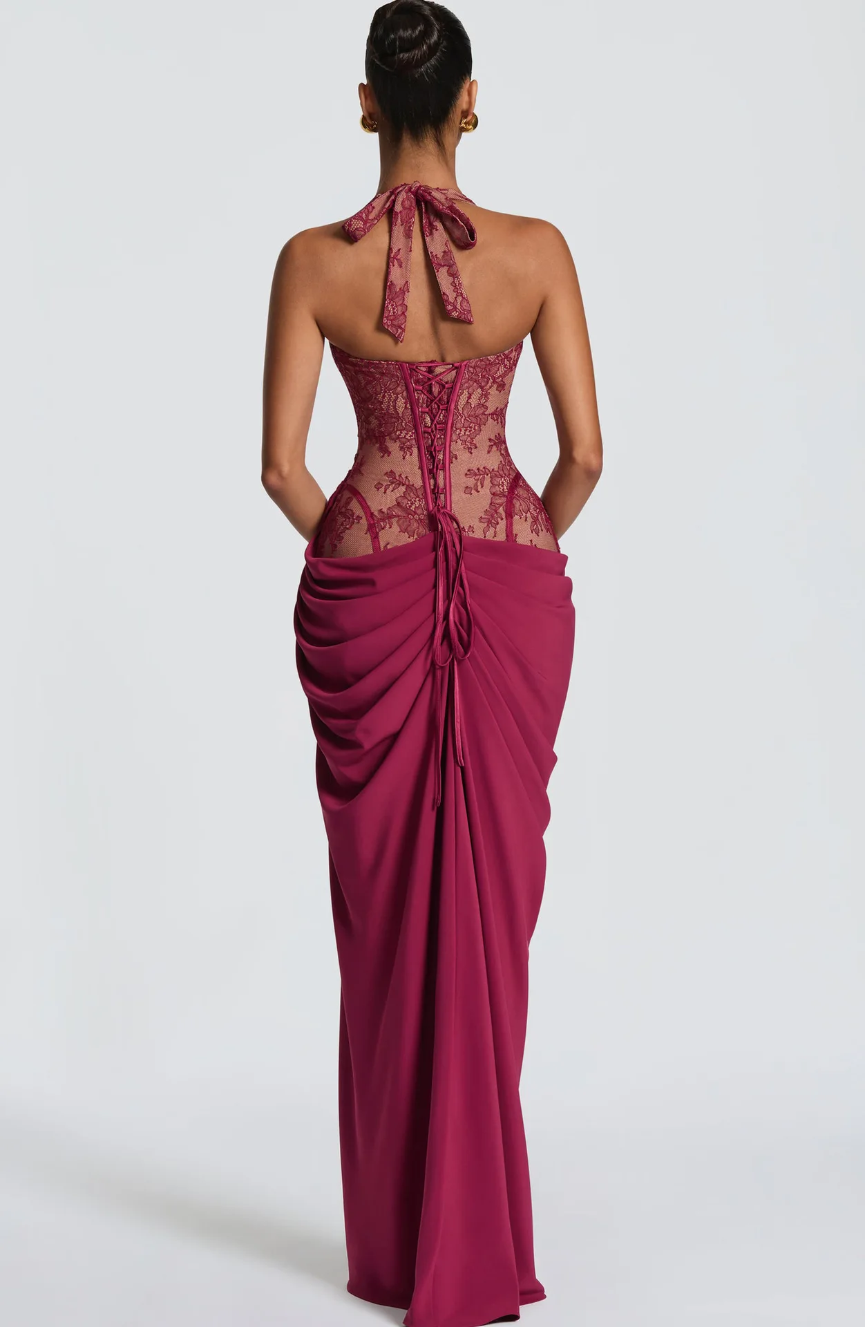 Elegantes Abendkleid mit Neckholder, Spitzenkorsett, Maxi-Länge, Drapierter Rock mit Hohem Schlitz, Schnürung am Rücken, Formelles Ballkleid für Hochzeit und Party – Detail 21