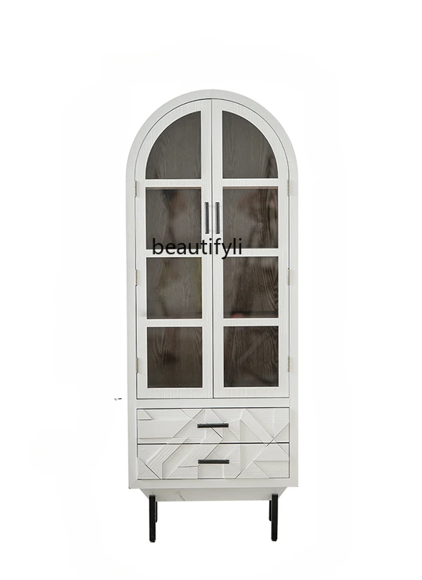 

French retro cream style solid wood chest, living room against the wall white geometric engraved drawer locker