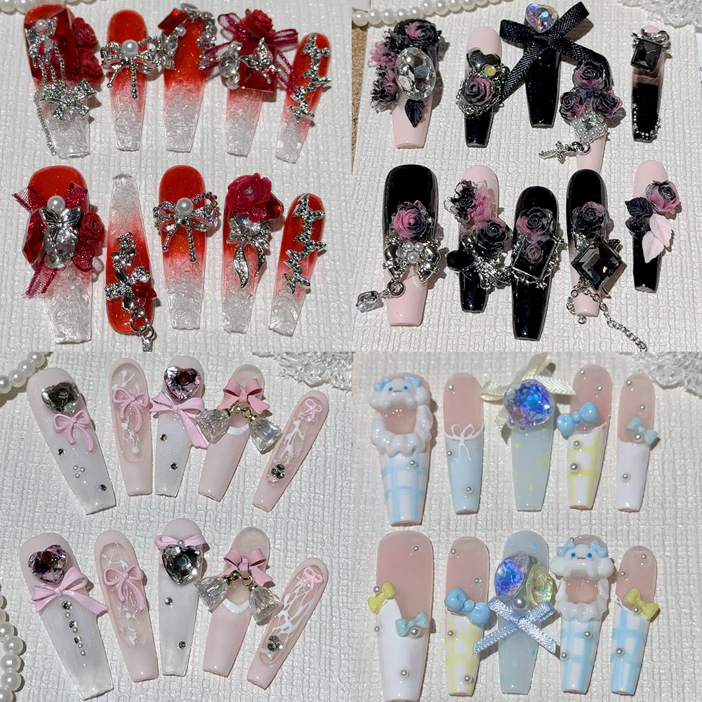 

10Pcs Handmade Xxl Long Water Pipe Press On Nails 3D Sanrio Kuromi Pearl Diamond Rose Bow Design Wearable Manicure False Nails