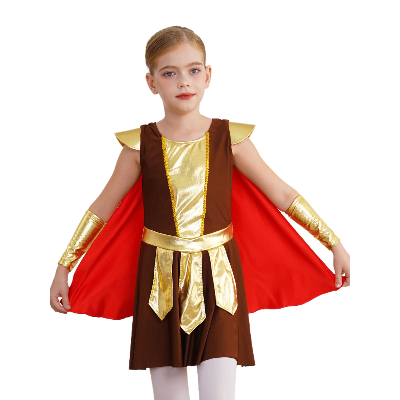 

Kids Girls Halloween Ancient Roman Warrior Costume Medieval Soldier Gladiator Dress+Cloak Masquerade Historical Role Play Set