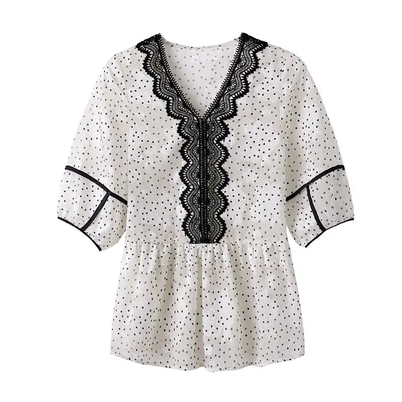 Women\'s Clothing Summer Fashion Lace Patchwork Vintage Polka Dot Print Blouse Simple Casual Ruffle Loose Shirt V Neck Tunic Tops