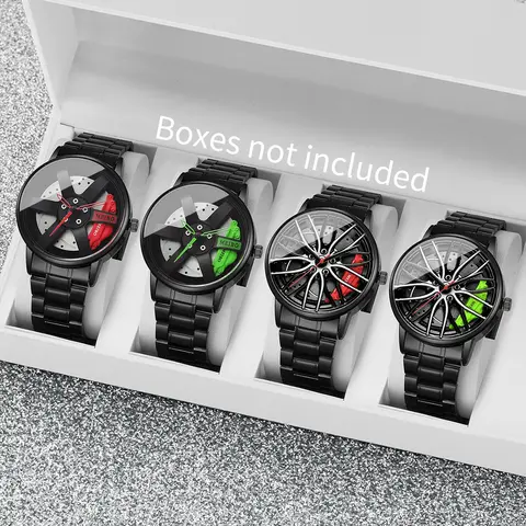 4 Stück modische Herren-Sportuhren, 3D-Autorad, Edelstahlband, Herren-Armbanduhr, Quarzuhr-Set, Homo-Uhr (ohne Box)