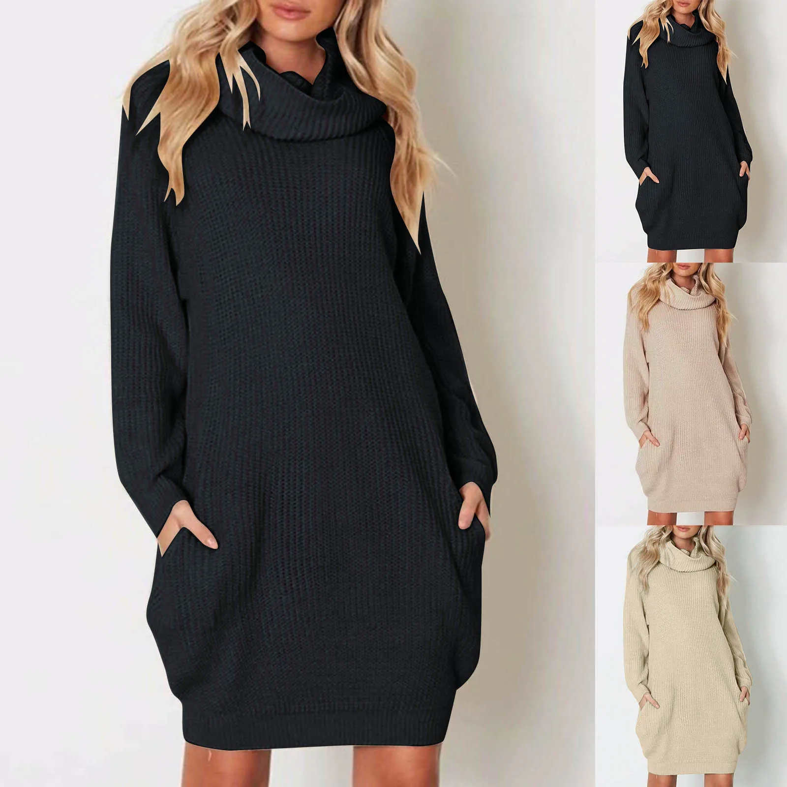 Turtleneck Long Sleeve Sweater Dress Casual Solid Pockets Knitted Dresses Women Fall Winter Loose Long Tunic Warm Pullover Robe