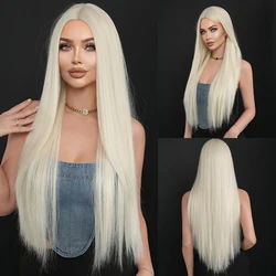 NAMM Synthetic Long Straight Platinum ﻿Wig For Women Mid Split Wig Daily Use Party High Density  Heat Resistant Synthetic Wigs