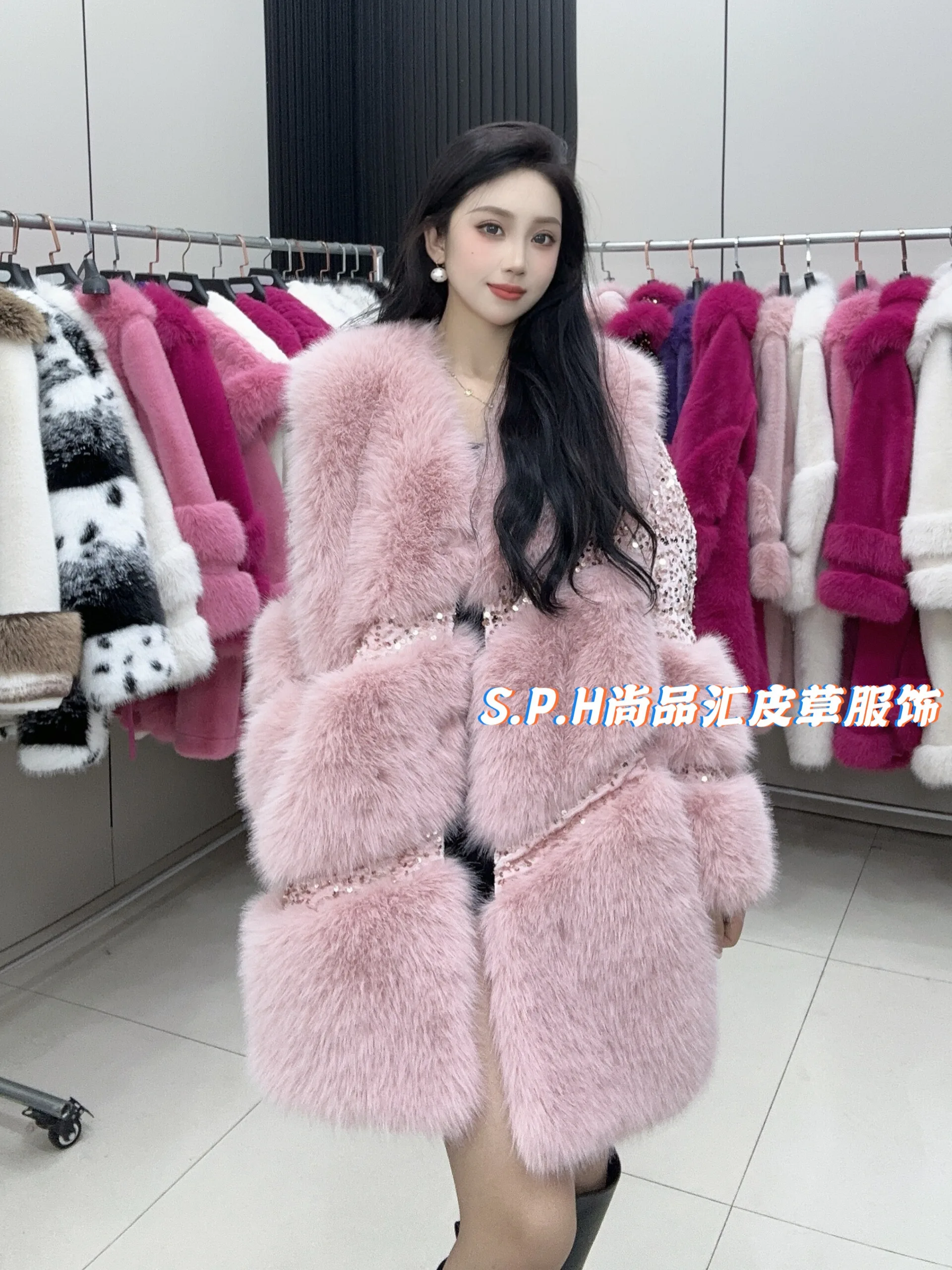 Heavy Industry Sequined Warm Faux Fur Jacket Women 2024 Autumn and Winter Shiny Diagonal Striped V-neck Long-sleeved Jacket