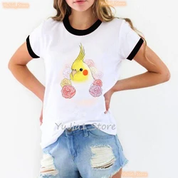 Aquarell Nymphensittich Papagei Druck T-shirt Mädchen Harajuku Kawaii Kleidung Vogel Liebhaber T Hemd Femme Weiß Kurzarm T-Shirt