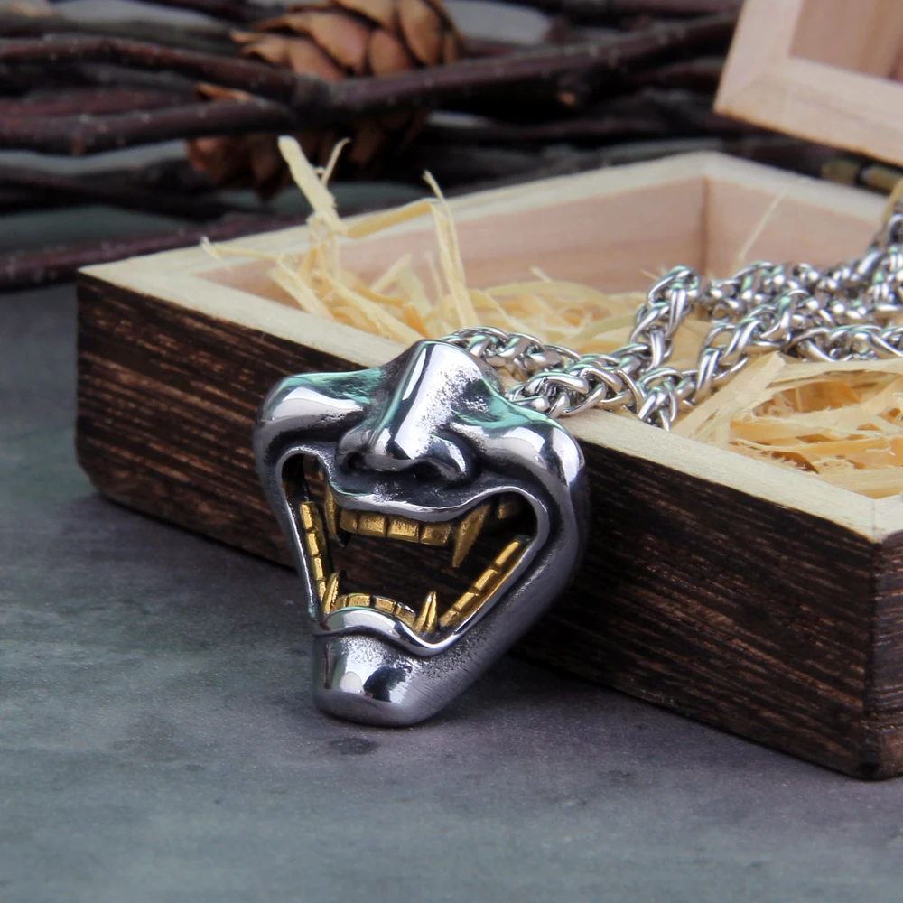 Vikings Jewelry Never Fade Stainless Steel Satanic Demon Men mask Necklace With Wooden Box as gift