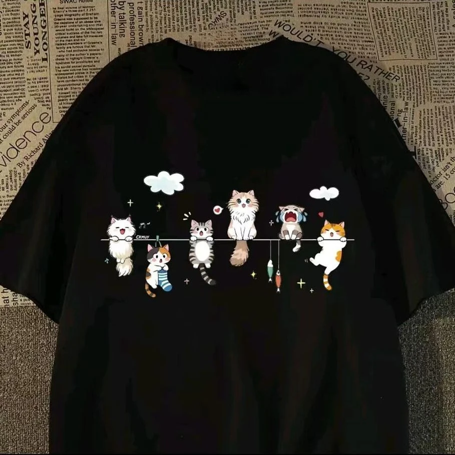 

2026 New Fun Preppy Crew Neck Cat Print Premium Men's and Women's Short Sleeve Crew Neck Comfortable Loose Tee