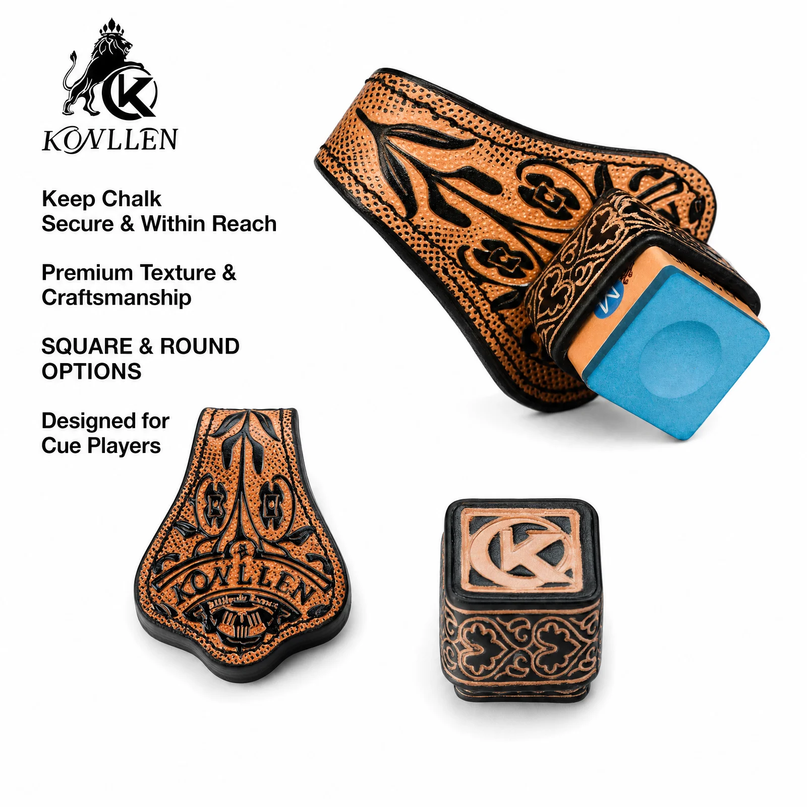 KONLLEN Billiard Chalk Holder with Square Leather Engraved Magnetic Support for Pool Cue Snooker Silent Billiard Accessories