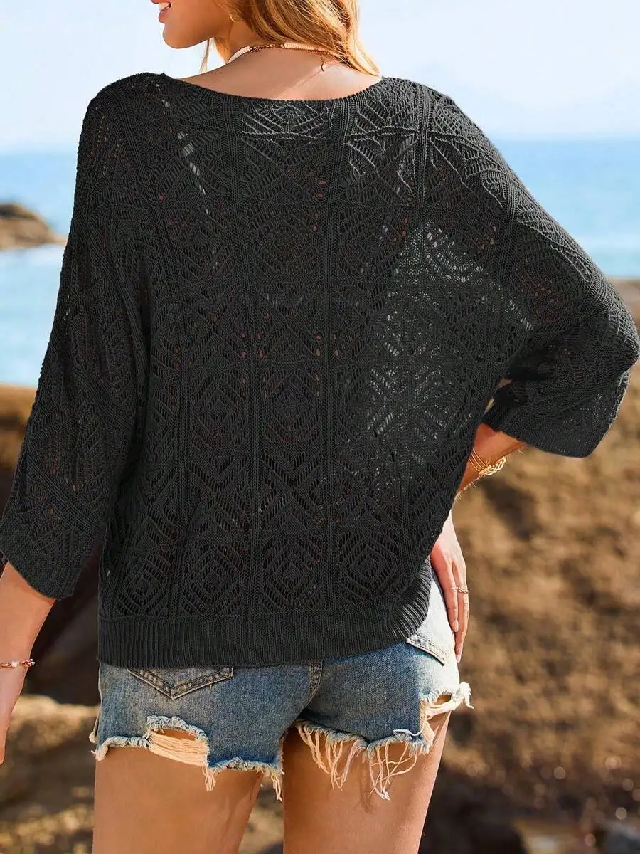 

Women Crochet Cover Up Top Summer 3/4 Sleeve Off Shoulder Mesh Boho Beach Swimsuit Coverup
