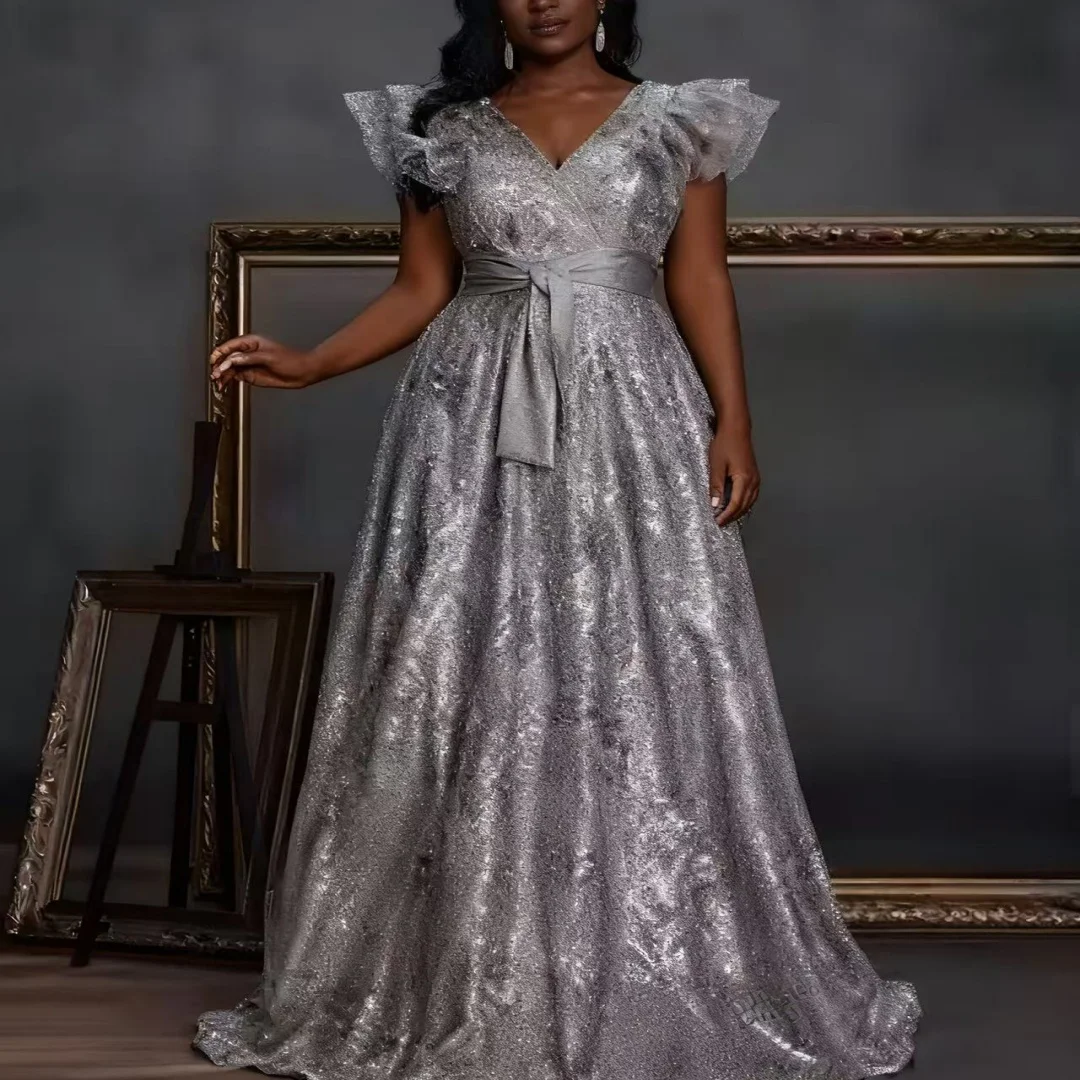 

Customized V-Neck ruffle sleeve Sequins Evening Dress formal evening dresses birthday party prom gowns for women