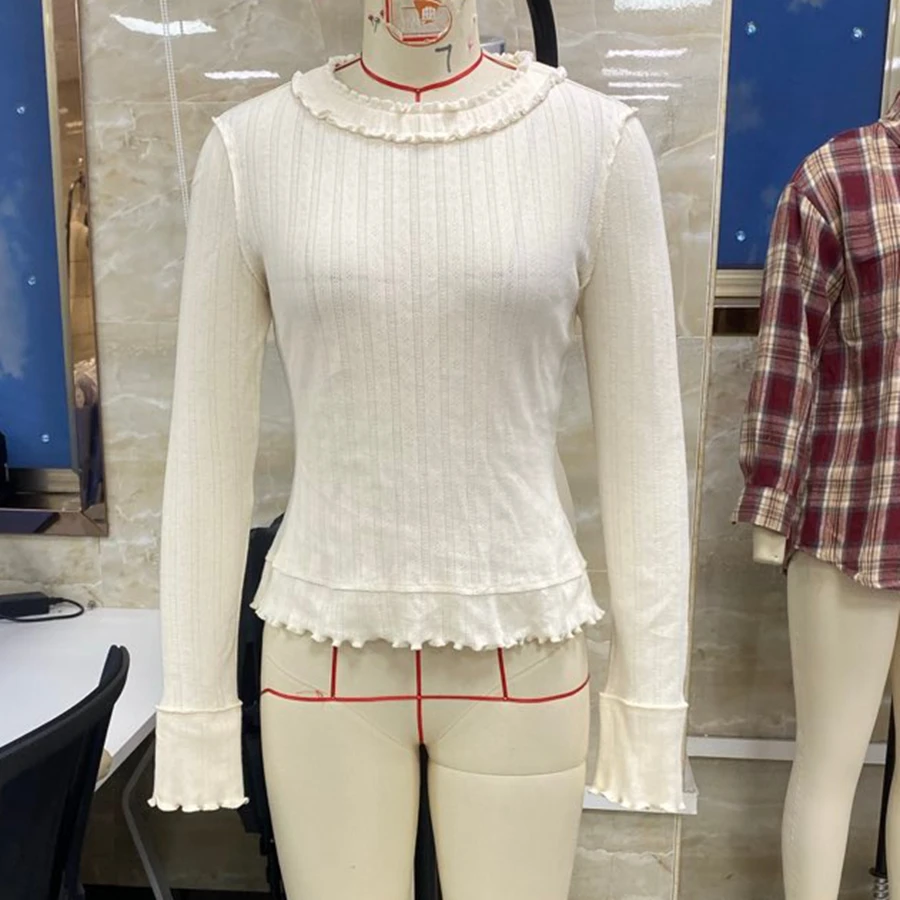 

Хлопковая женская футболка со рюшами, элегантная однотонная облегающая женская футболка с круглым вырезом и длинными рукавами, осенние топы, уличная одежда