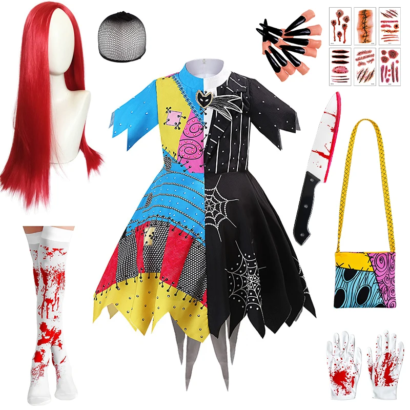 Christmas Nightmare Spooky Rag Doll Sally Girls Outfits Halloween Cosplay Horror Ghost Performance Carnival Children's Costume