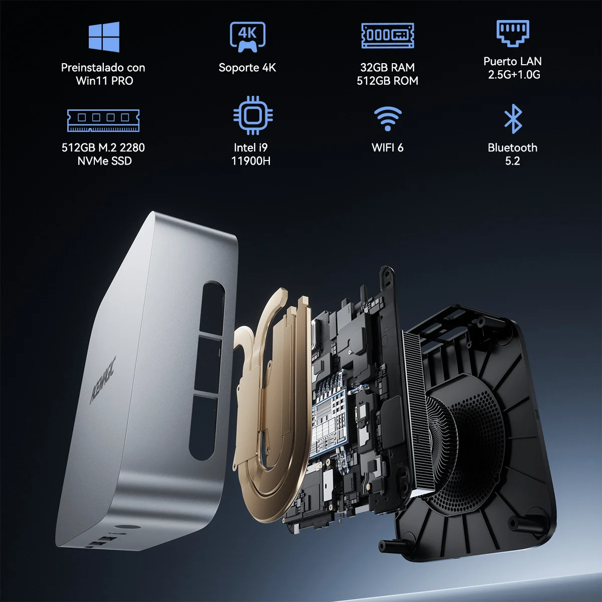 ACEMAGIC M1 Ryzen7 6800H mini PC RAM 32GB SSD 512GB WiFi 6+BT5.2 (M.2 2230) frekuensi utama 3.2GHz frekuensi turbo 4.7GHz cache