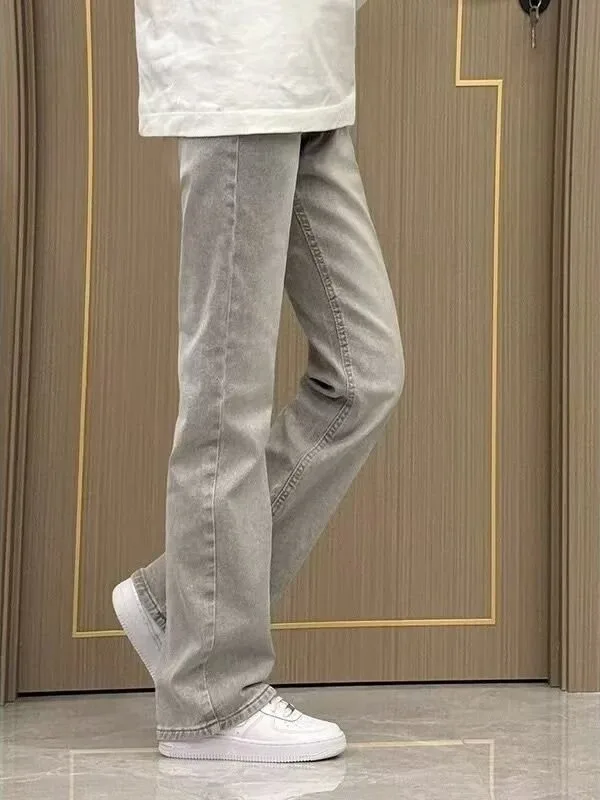 Retro American Vibe Men's Straight Leg ey Denim Jeans High Street Slim Fit Elastic Flared Pants Youthful Casual Wear