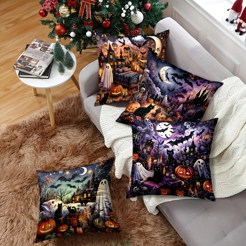 Halloween Pillow Covers, Black Cat Skull Pumpkin Ghost Bat Pattern Linen Cushion Covers, No Pillow Inserts