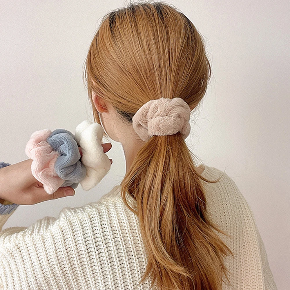 Soild Color Plush Scrunchies Elastic Soft Velvet Hair Ties Women Girls Ponytail Holder Rubber Band For Thick Hair image 2