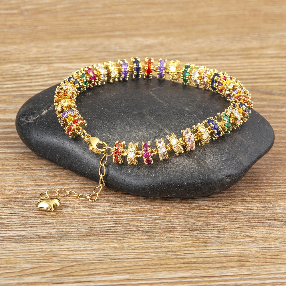 Nidin Fashion Gold Plated Chain Bead Bracelet for Women Colorful Crystal Zircon Heart Shape Charm Wedding Party Jewelry Gifts